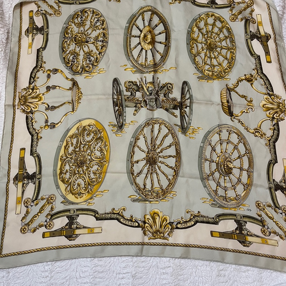 Hermes Paris Elegant Wheel Design Silk Scarf 35” x 34”